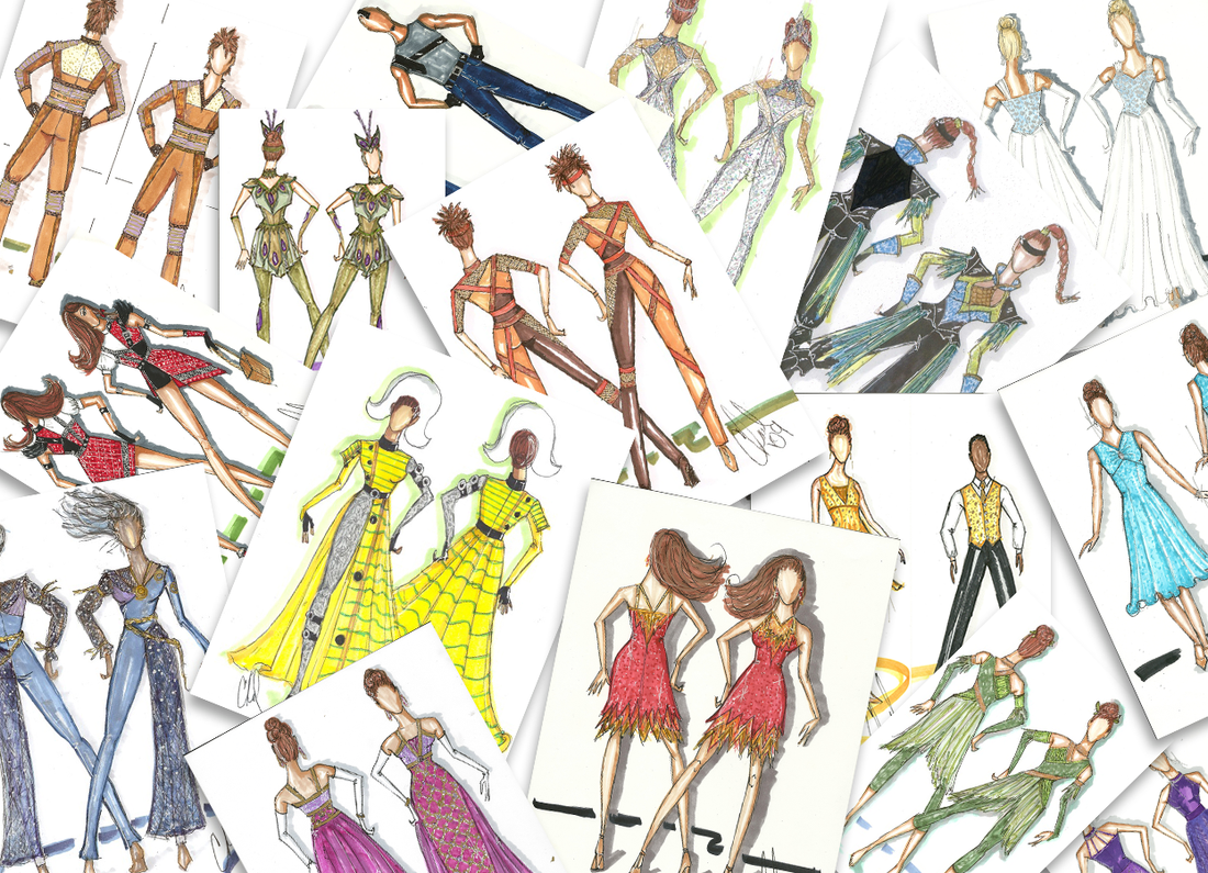 Collage of colorful and bright hand drawn fashion illustration showcasing show choir, colorguard, and indoor percussion costumes made by Dance Sophisticates