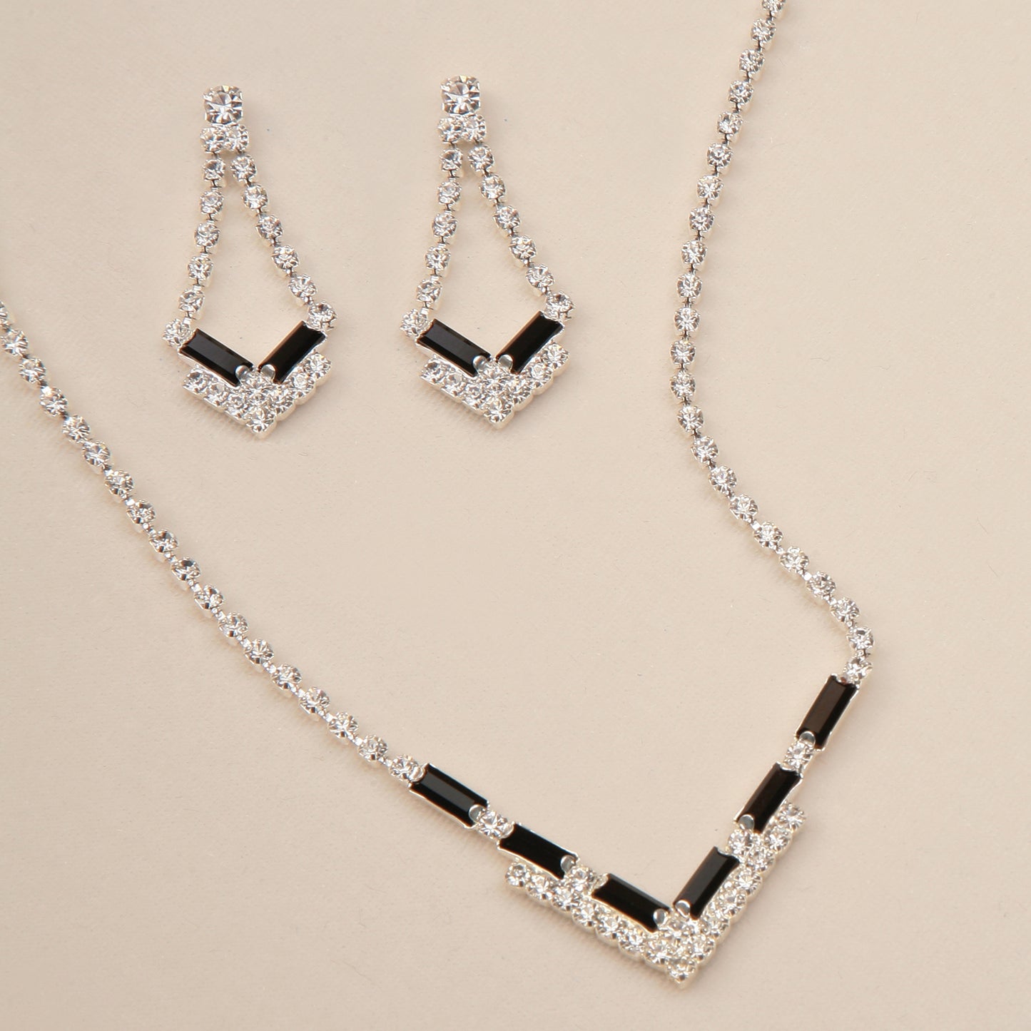 Drop V Black Baguette Crystal Rhinestone Necklace & Earrings