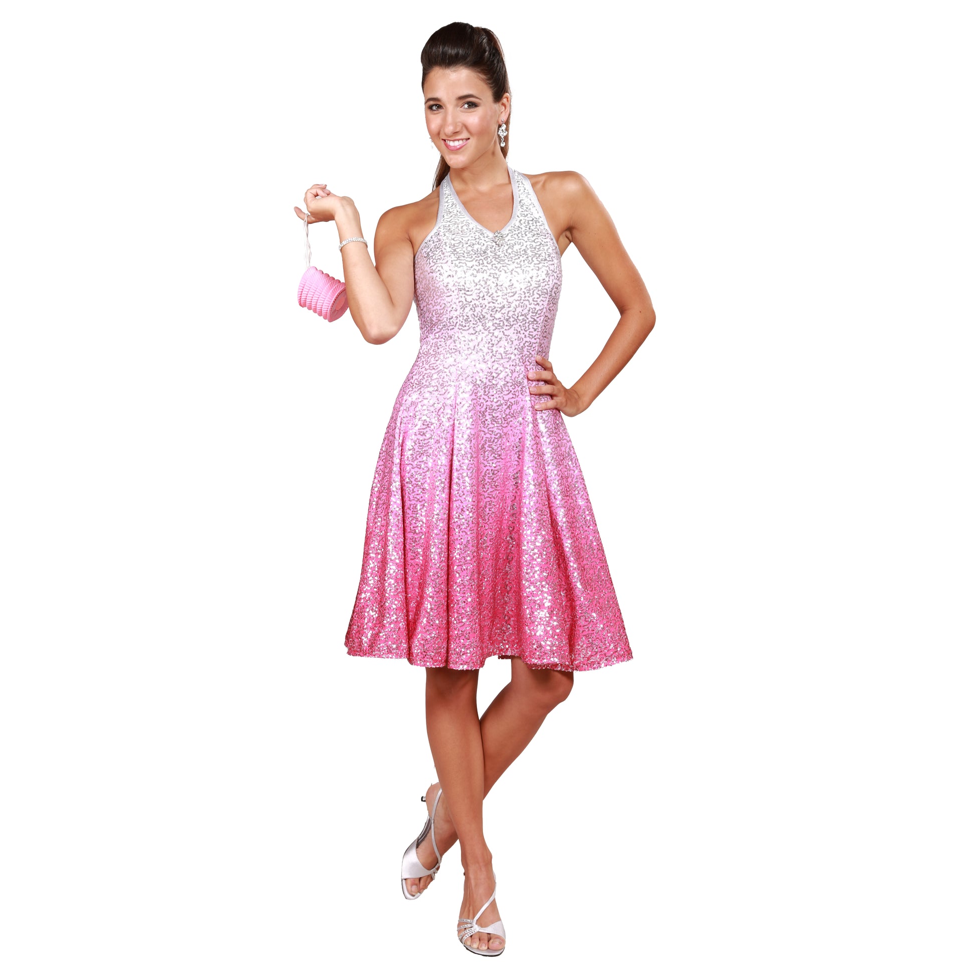 Sequin Halter Dress in Pink