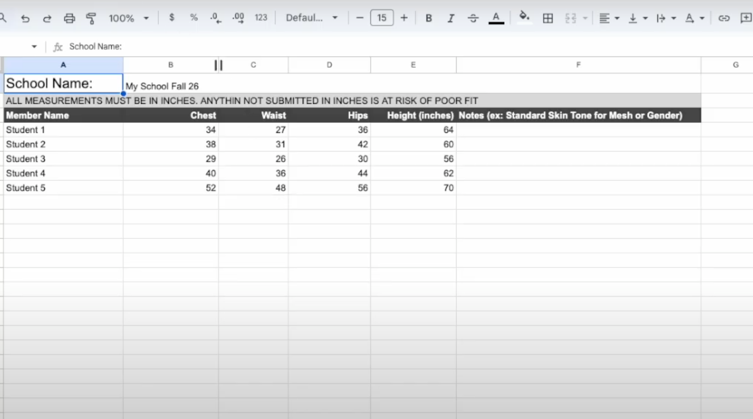Load video: First, open your copy of the DS Measurements worksheet.Next, change the name of the document so you can keep a copy of the roster in your google sheets for future reference.Go to the school name cell and enter your school and the season you are gathering measurements for.Enter chest, waist, hip and height measurements for all performers.Chest measurements must be even numbers only and all measurements must be in inches to receive the perfect fit. Once you’v double checked all your measurements go to, FILE, DOWNLOAD and choose COMMA SEPARATED VALUES or .CSV file format. The file will download to your PC and you are ready to upload you measurements to the DS portal. 